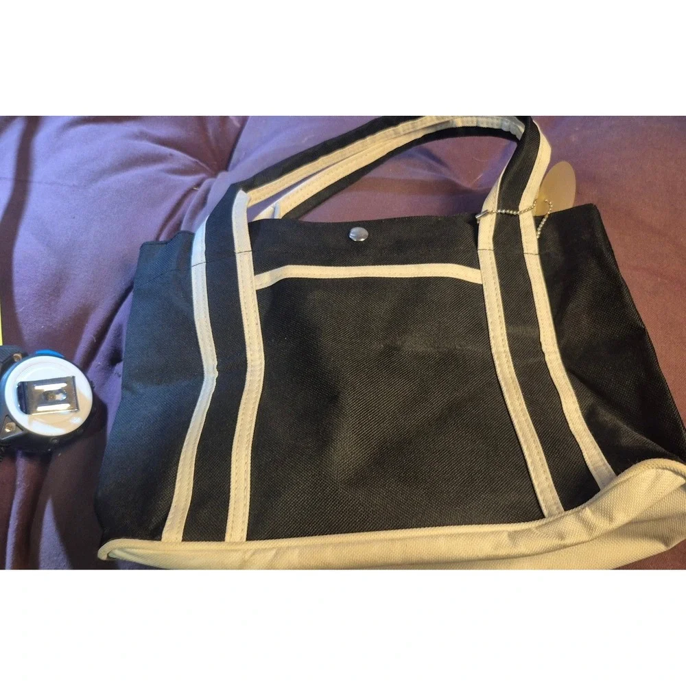 Vintage W Logo Canvas Tote‎ Bag Black Cream Snap Closure Small Handbag